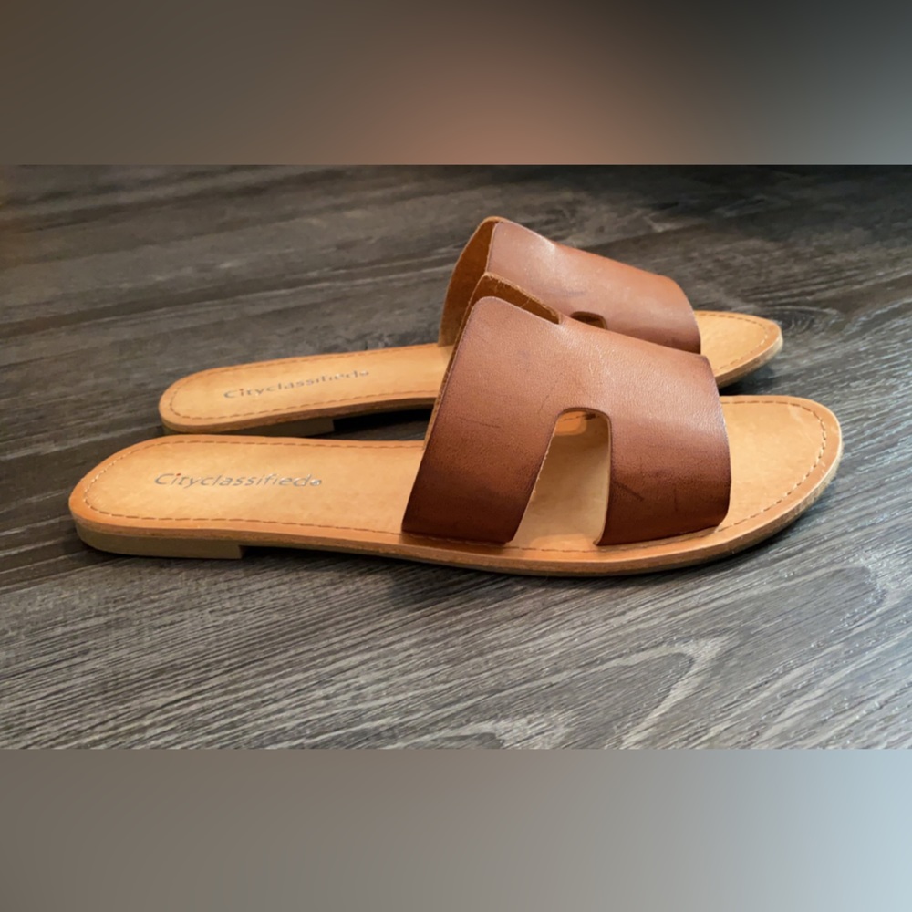 Flat sandals, brown and tan in color